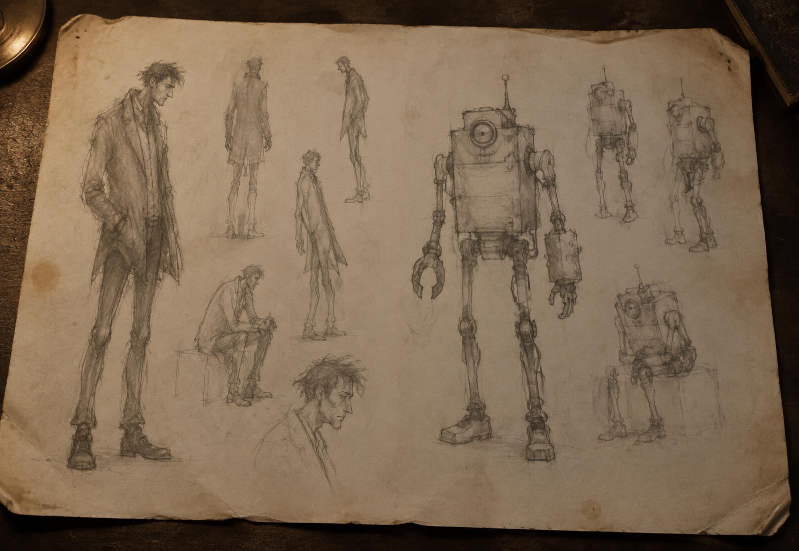 An aged sheet of preliminary pencil studies: a tall figure in a coat, and an odd angular robot.