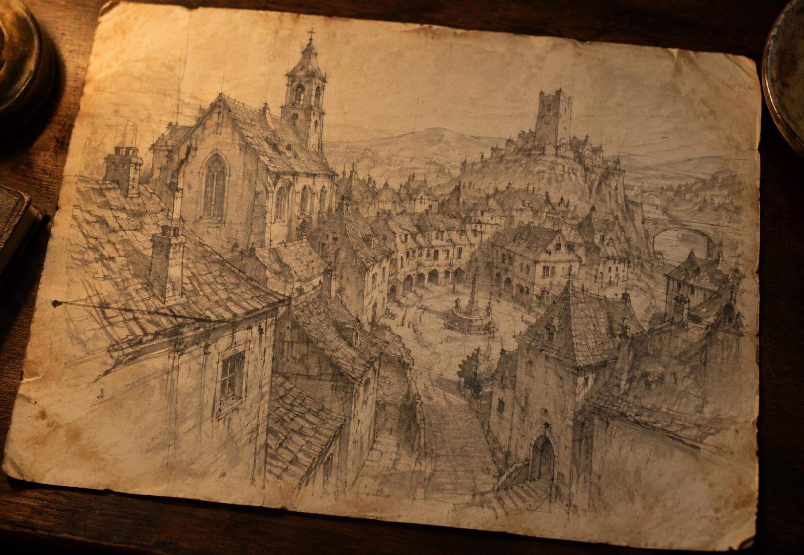 A pencil study of an old European town: crooked rooftops, a church, a distant tower, a small square.